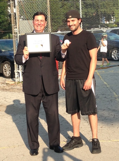 Mayor Peduto accepts Wiffle Ambassadorship while holding the official EWL game ball